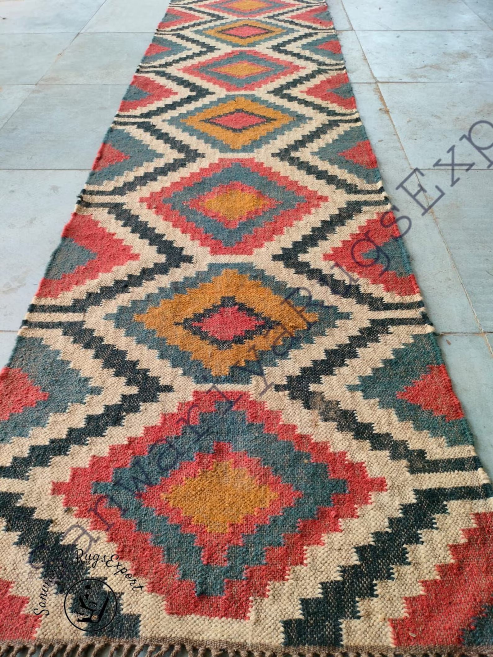 Kilim Wool Jute Runner Rug with Oriental Geometric Motifs for Hallways & Home Décor