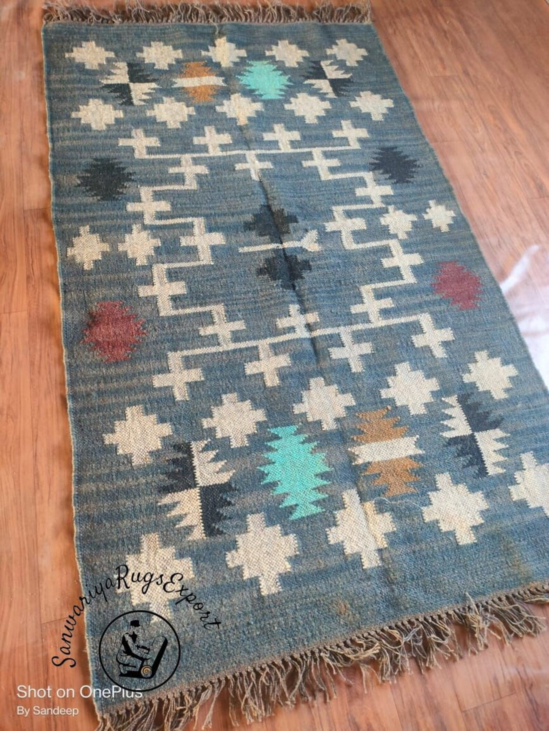 Large Wool Jute Kilim Rug