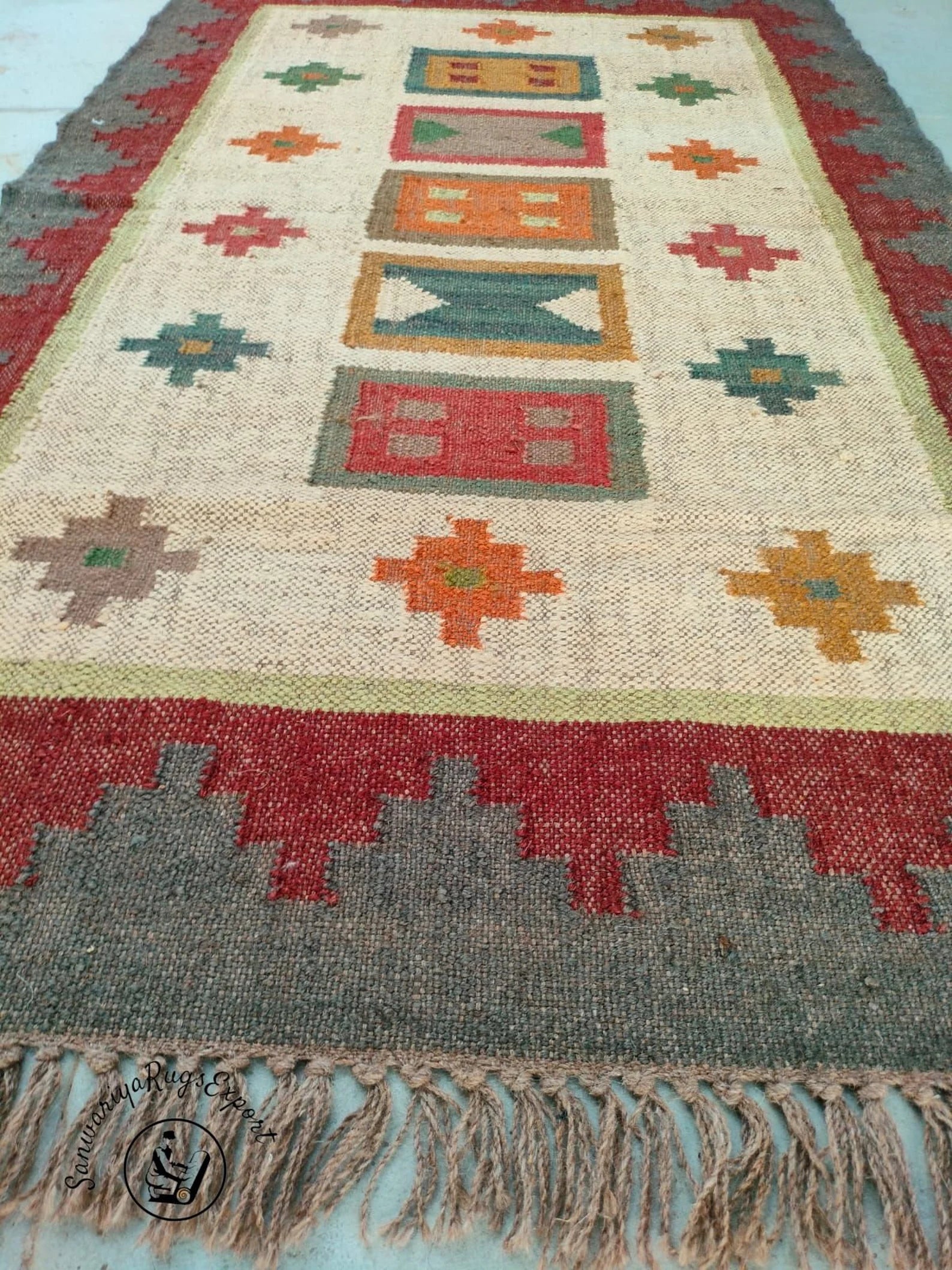 Handmade Large Wool Jute Kilim Rug, Handwoven Oriental Geometric Dhurrie Carpet, Traditional Indian Designer Floor Rug