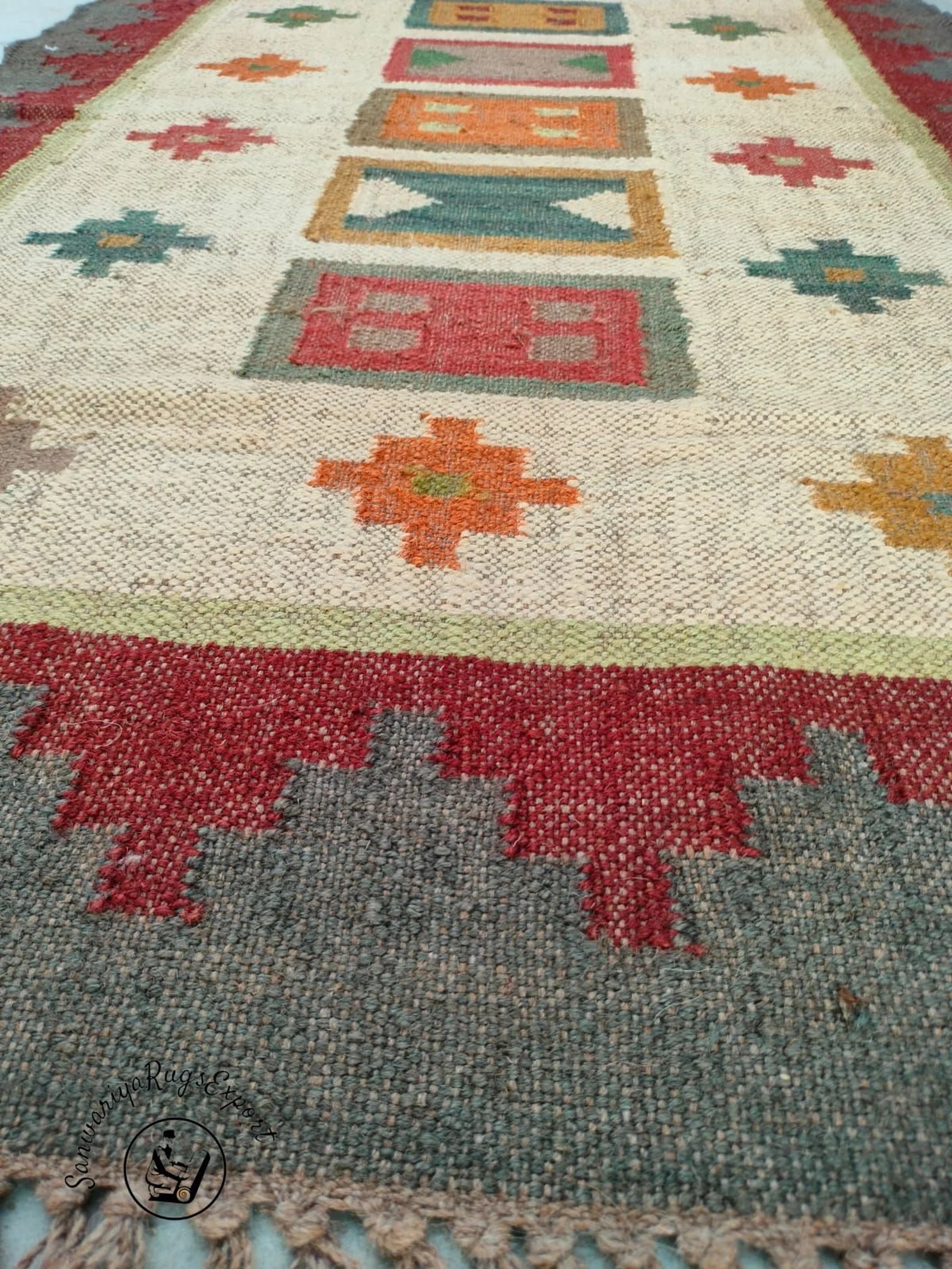 Handmade Large Wool Jute Kilim Rug, Handwoven Oriental Geometric Dhurrie Carpet, Traditional Indian Designer Floor Rug