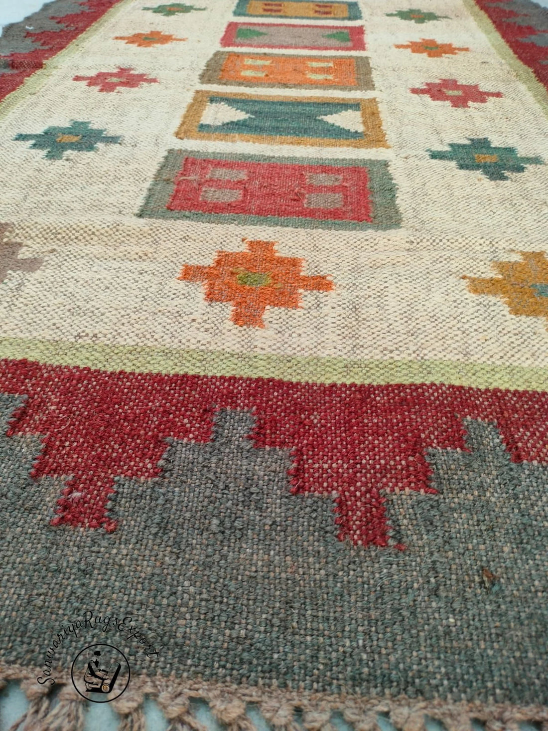 Handmade Large Wool Jute Kilim Rug, Handwoven Oriental Geometric Dhurrie Carpet, Traditional Indian Designer Floor Rug