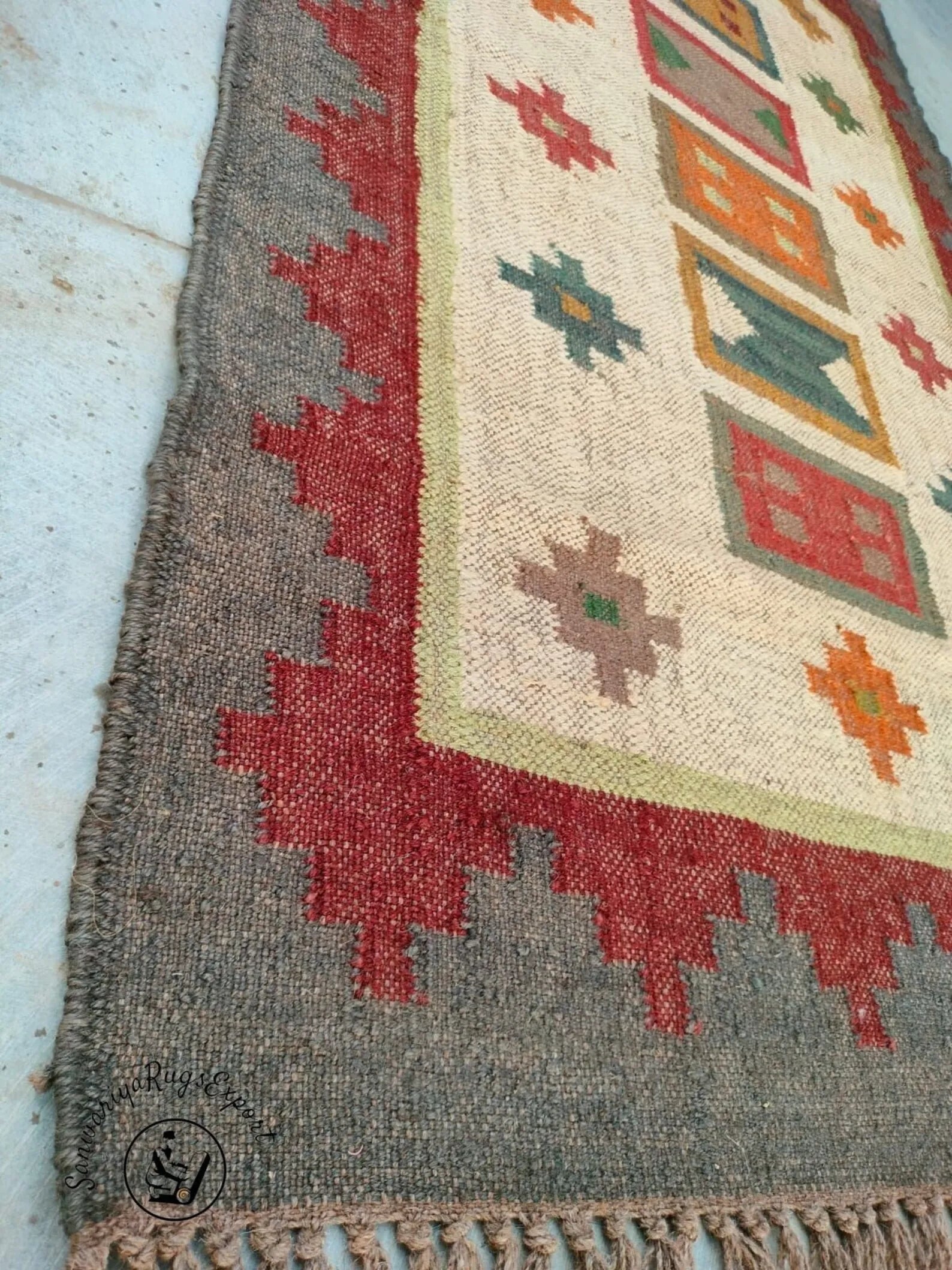 Handmade Wool Jute Kilim Rug, Southwestern Tribal Flatweave Area Rug, Boho Dhurrie Carpet, Rustic Geometric Wool Rug, Custom Size Handmade Rug