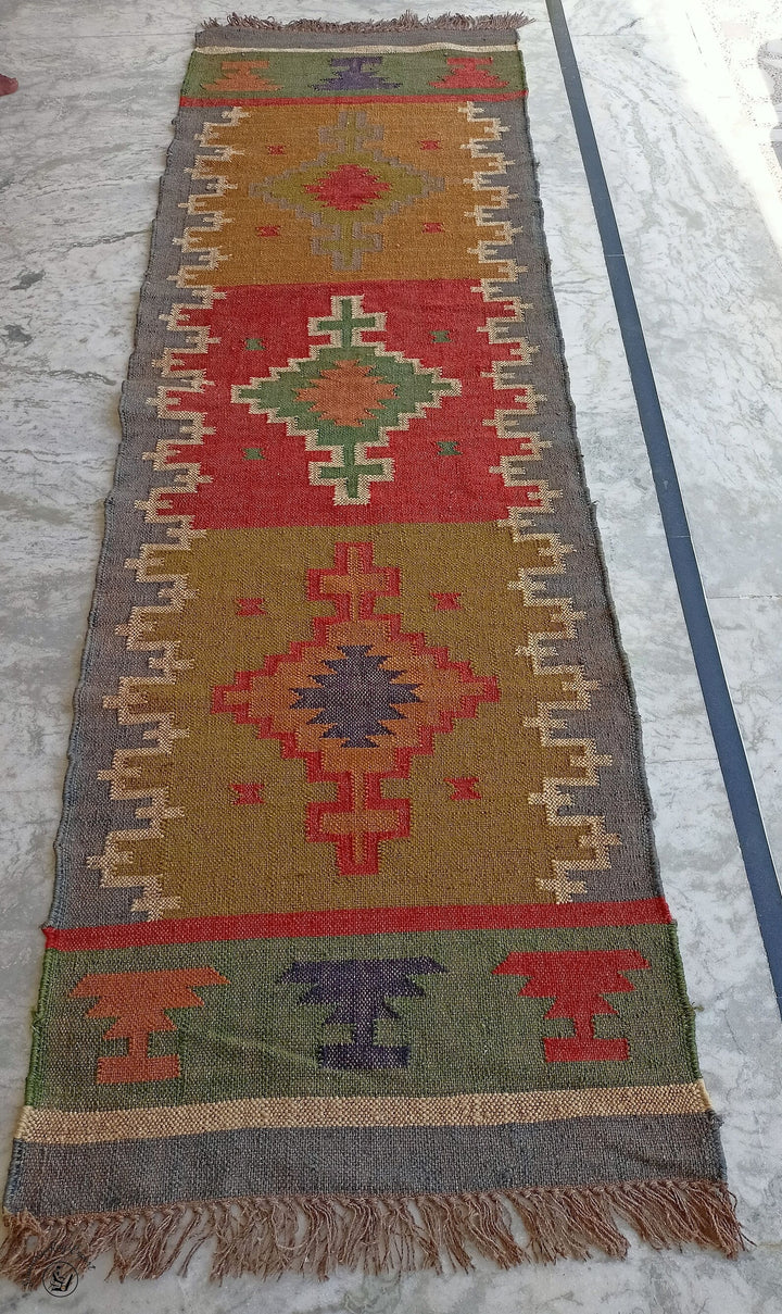 Handwoven Wool Jute Rug Handmade Kilim Dhurrie Rug, Motifs Oriental