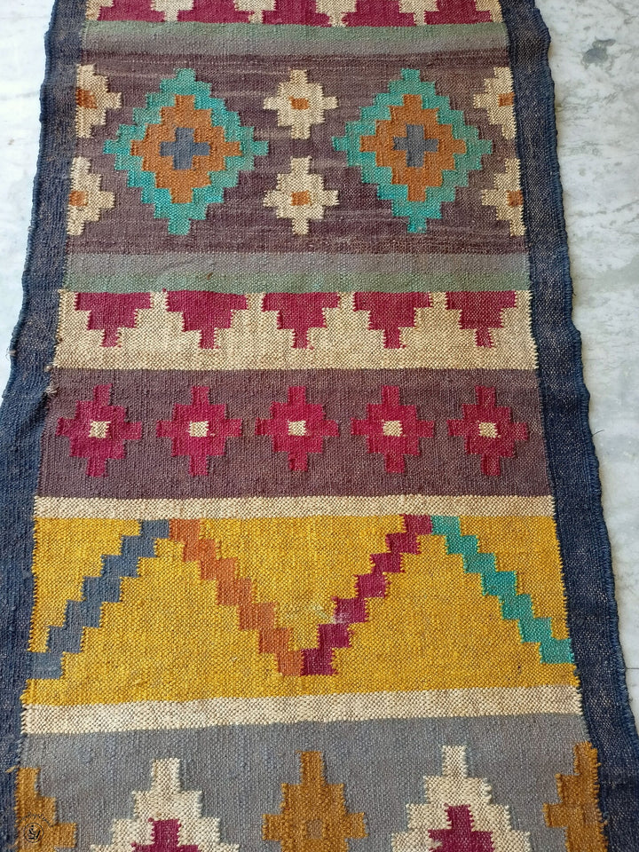 Handwoven Kilim Wool Jute Runner Rug with Oriental Geometric Motifs, Traditional Indian