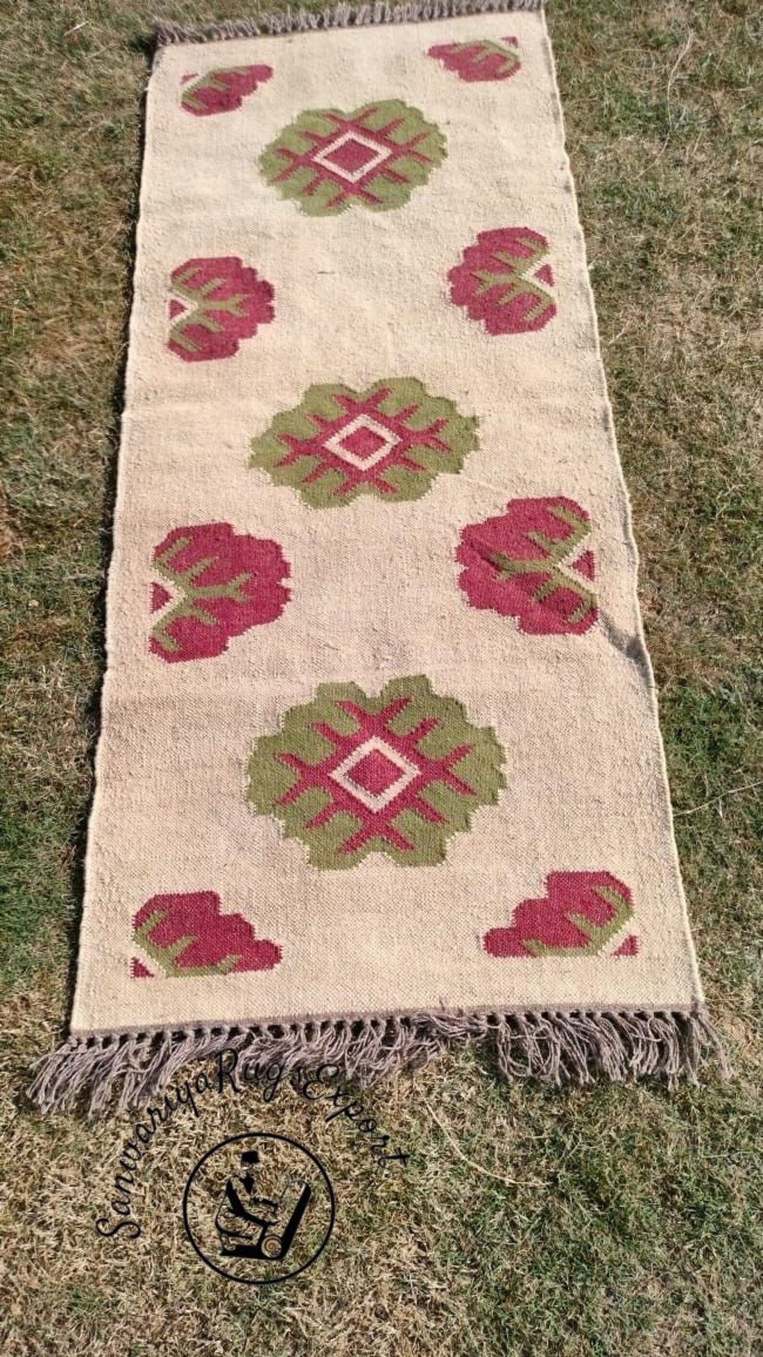 Handwoven Kilim Wool Jute Runner Rug with Traditional Geometric Pattern Weave