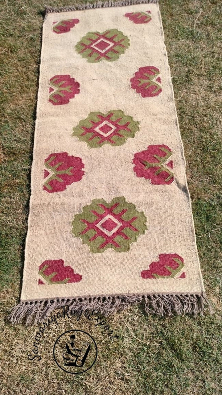 Handwoven Kilim Wool Jute Runner Rug with Traditional Geometric Pattern Weave