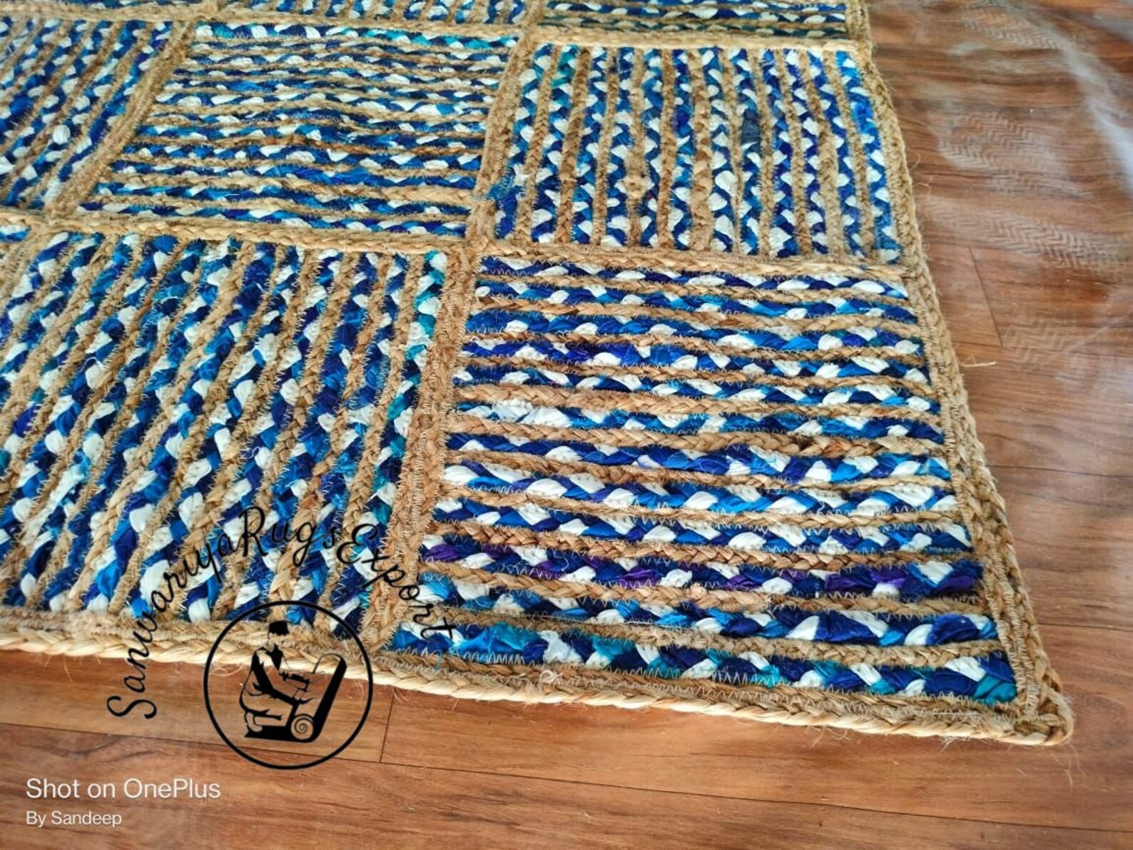 Natural Jute and Denim Cotton Braided Handmade Rug – Eco-Friendly Boho Area Carpet