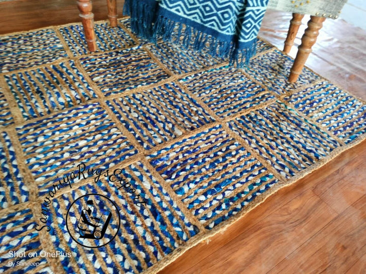 Natural Jute and Denim Cotton Braided Handmade Rug – Eco-Friendly Boho Area Carpet