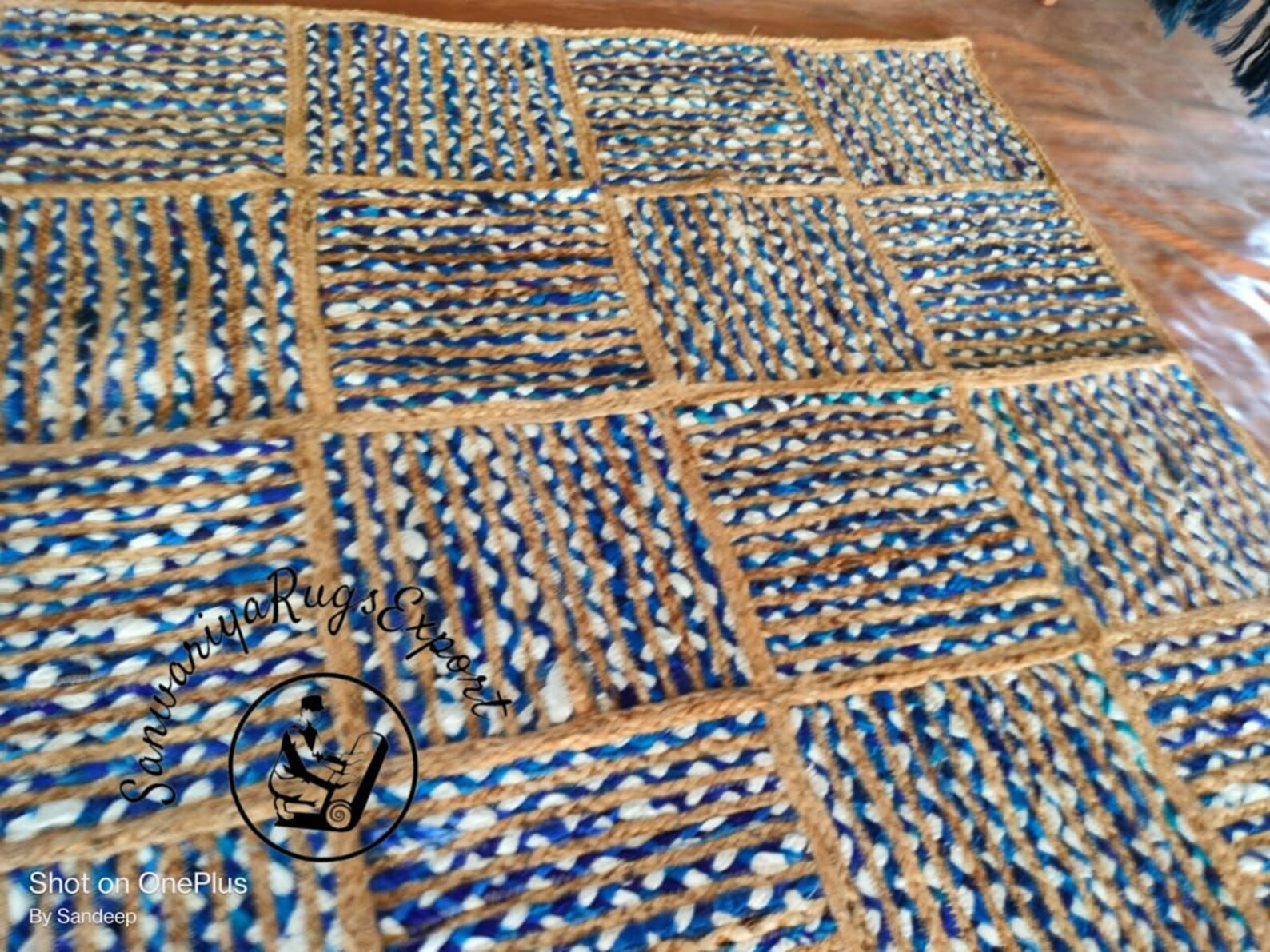 Natural Jute and Denim Cotton Braided Handmade Rug – Eco-Friendly Boho Area Carpet