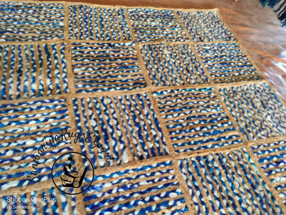 Natural Jute and Denim Cotton Braided Handmade Rug – Eco-Friendly Boho Area Carpet