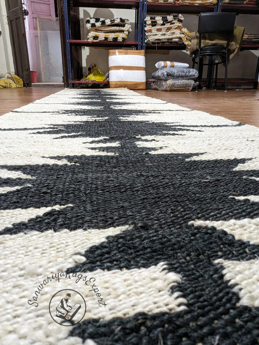 Handwoven Jute Runner Rug with Off White Line Pattern