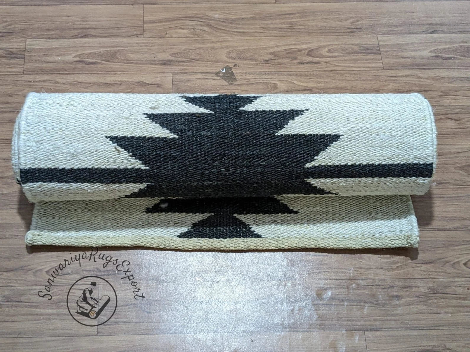 Handwoven Jute Runner Rug with Off White Line Pattern