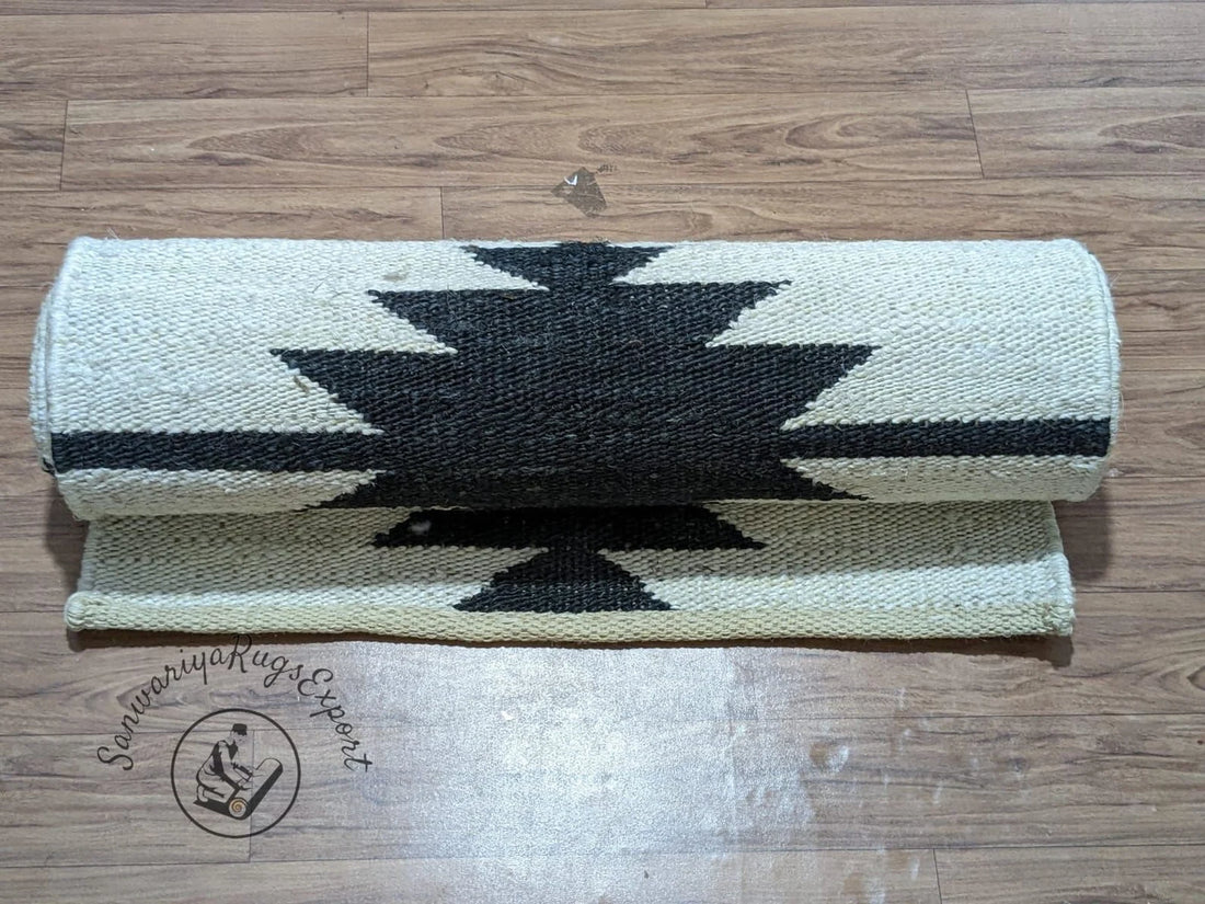 Handwoven Jute Runner Rug with Off White Line Pattern