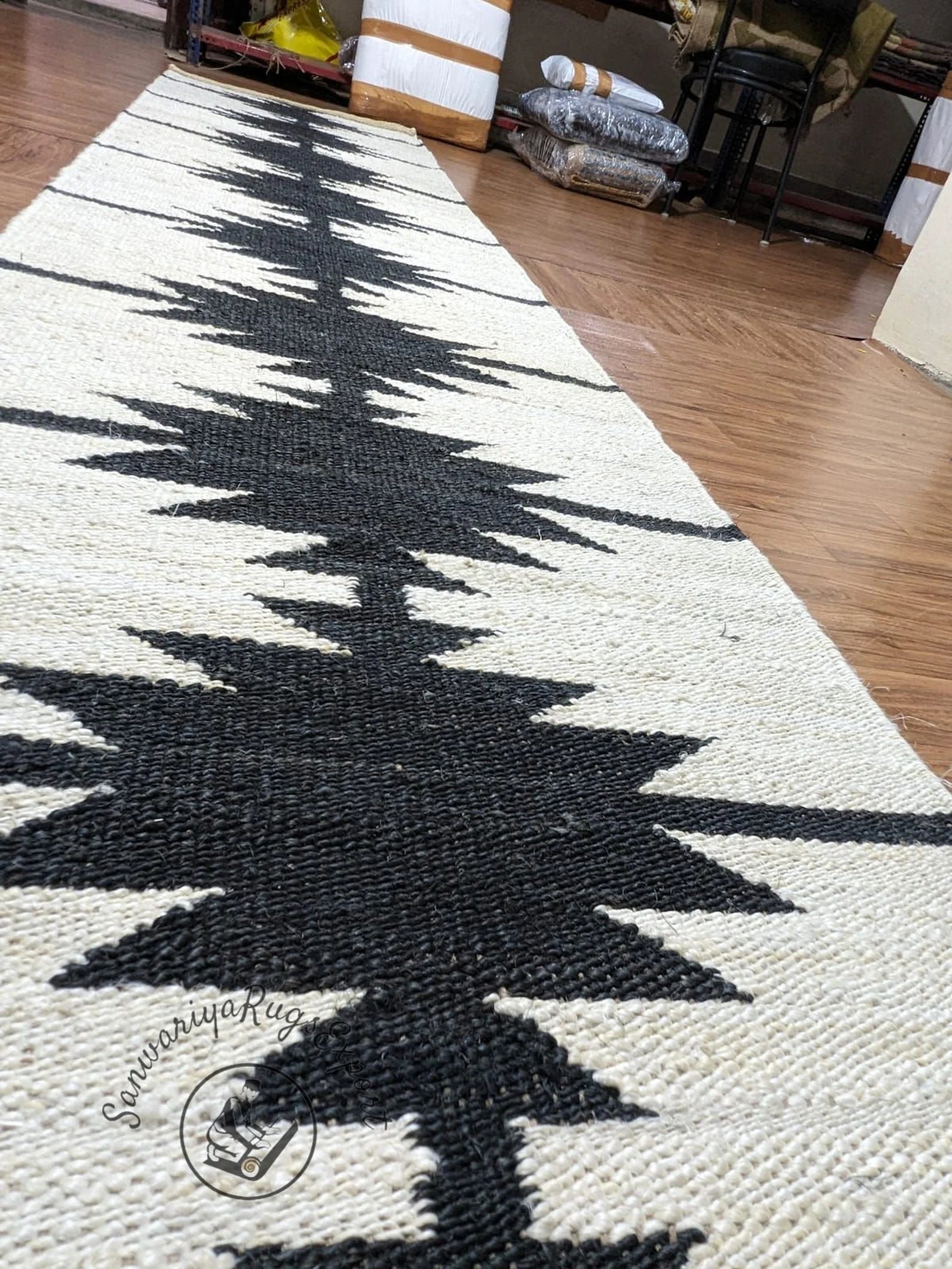 Jute Aisle Runner Rug with Off White Line Pattern