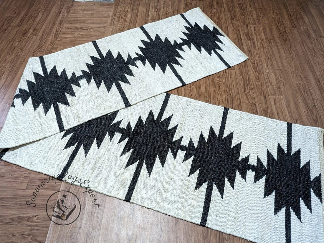 Handwoven Jute Runner Rug with Off White Line Pattern