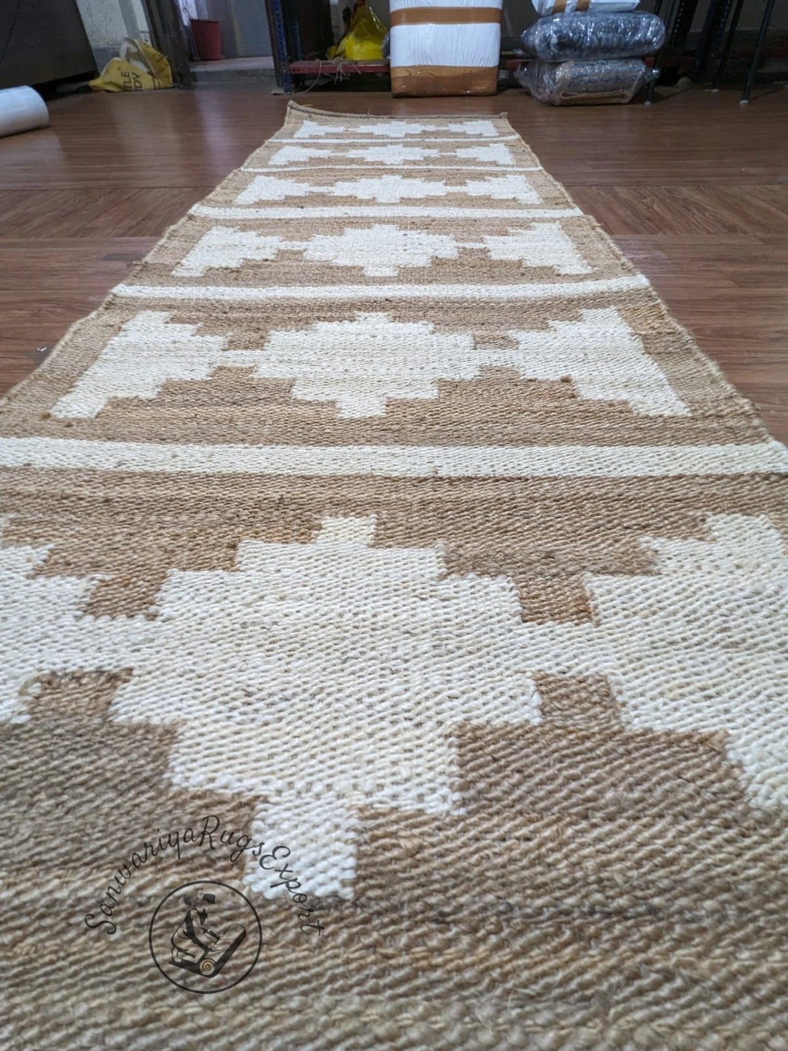 Natural Jute Aisle Runner with Off-White Box Pattern