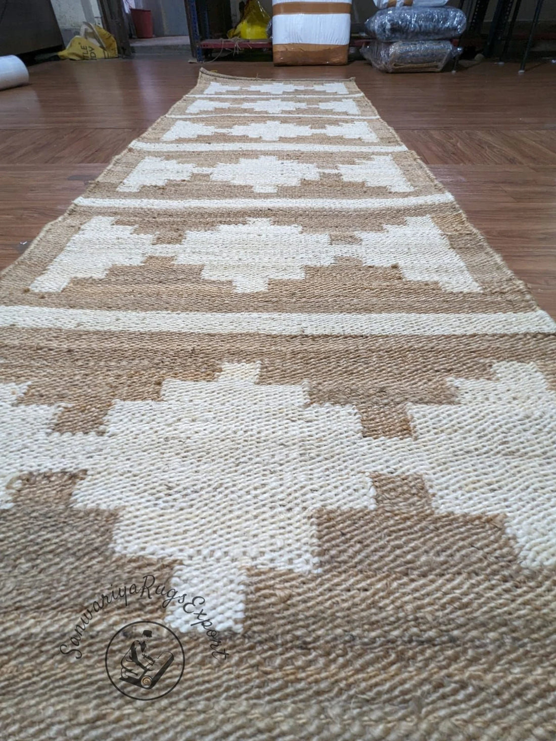 Natural Jute Aisle Runner with Off-White Box Pattern