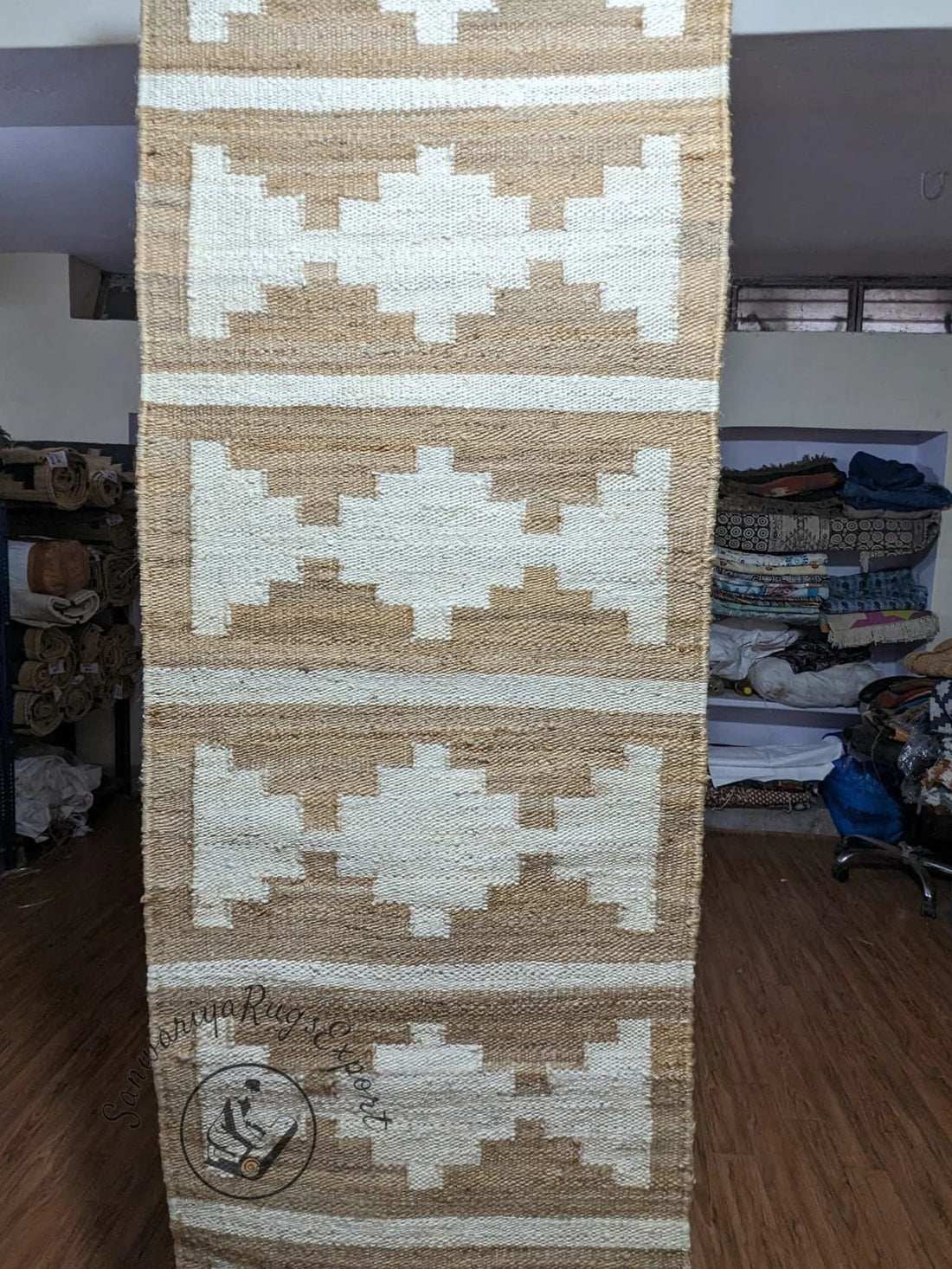 Natural Jute Aisle Runner with Off-White Box Pattern