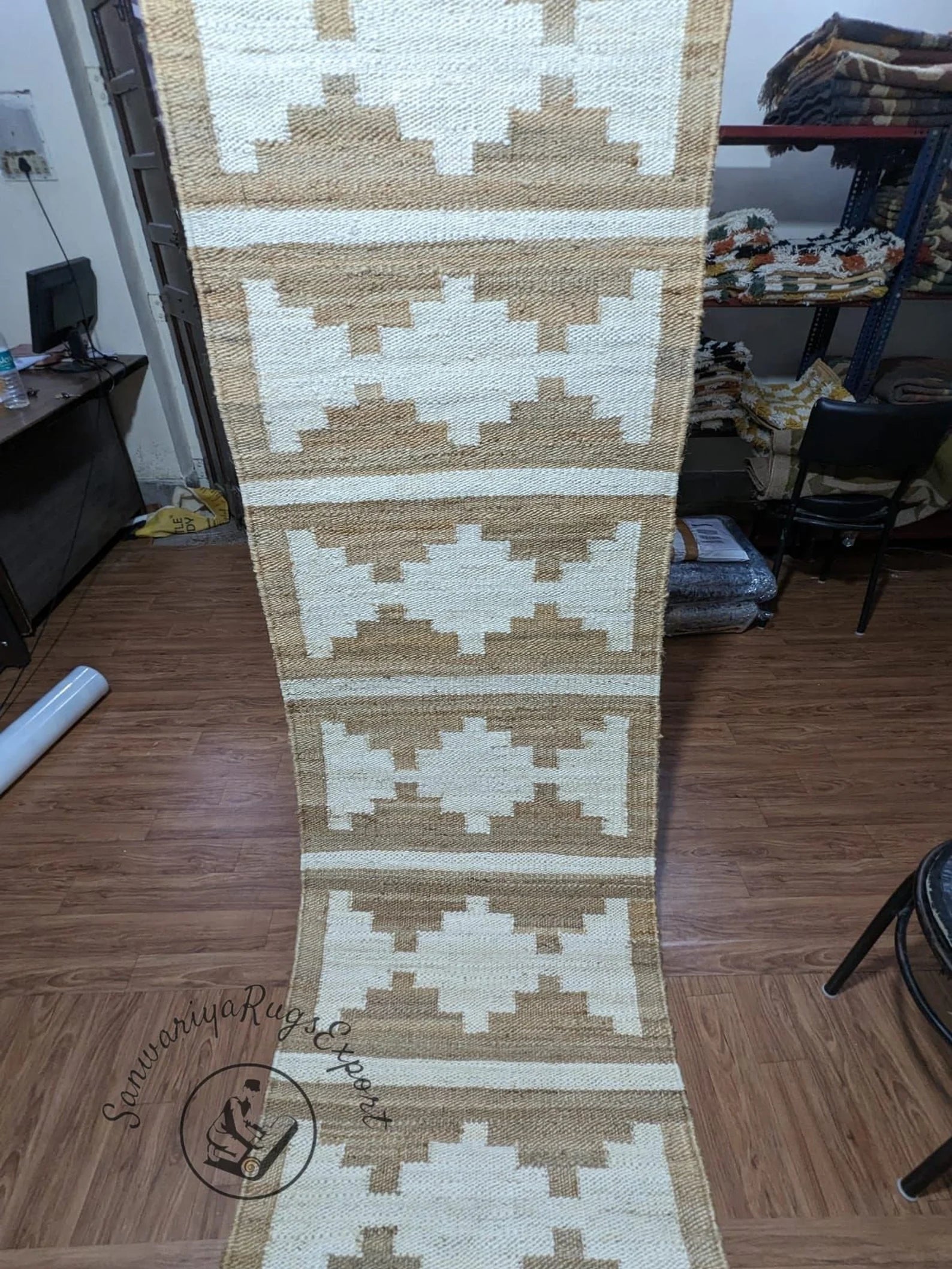 Natural Jute Aisle Runner with Off-White Box Pattern