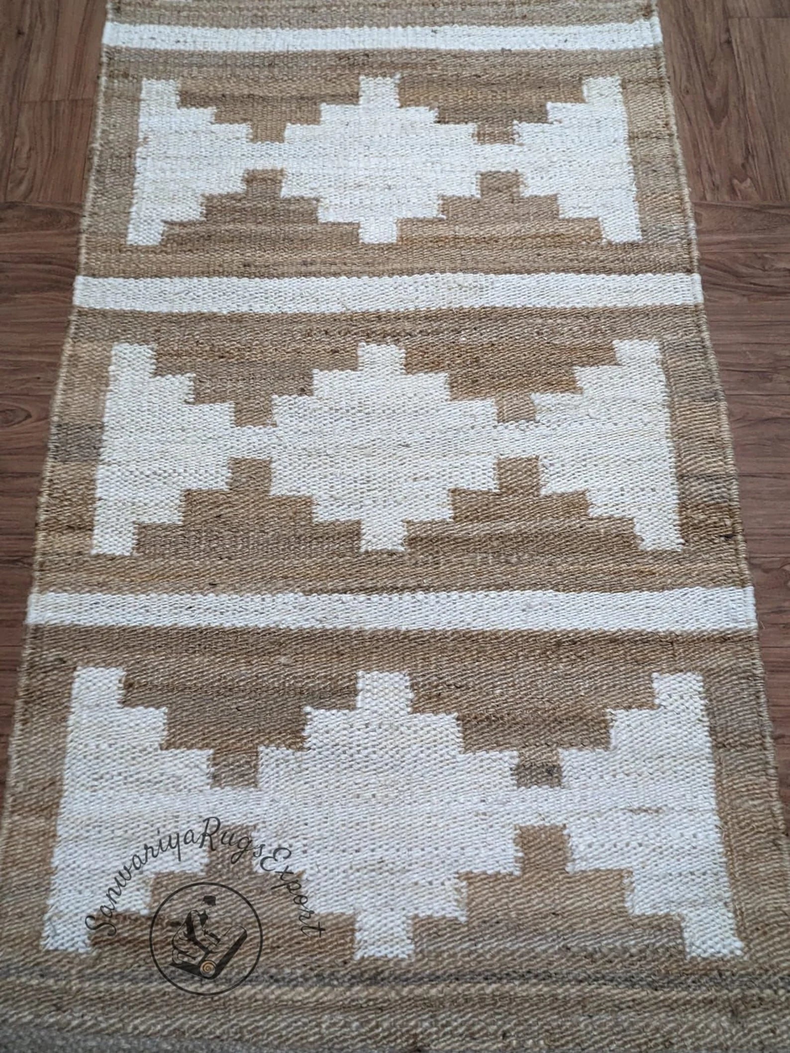 Natural Jute Aisle Runner with Off-White Box Pattern