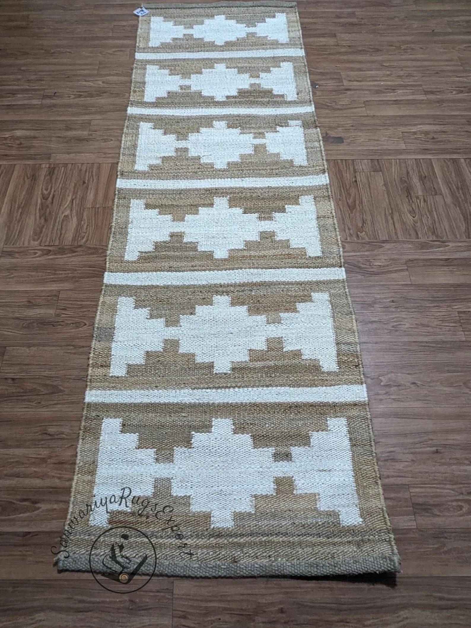 Natural Jute Aisle Runner with Off-White Box Pattern