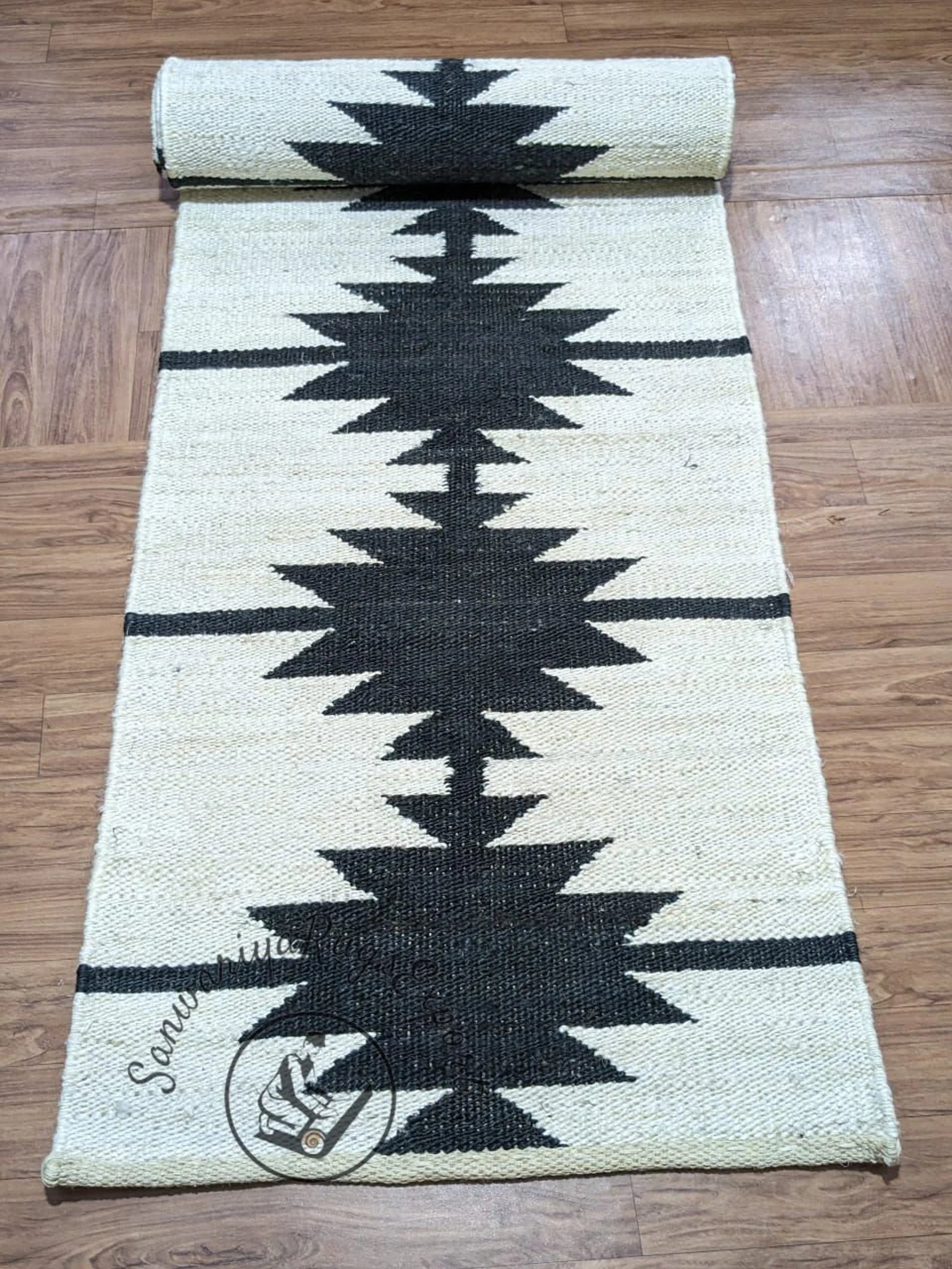 Jute Aisle Runner Rug with Off White Line Pattern