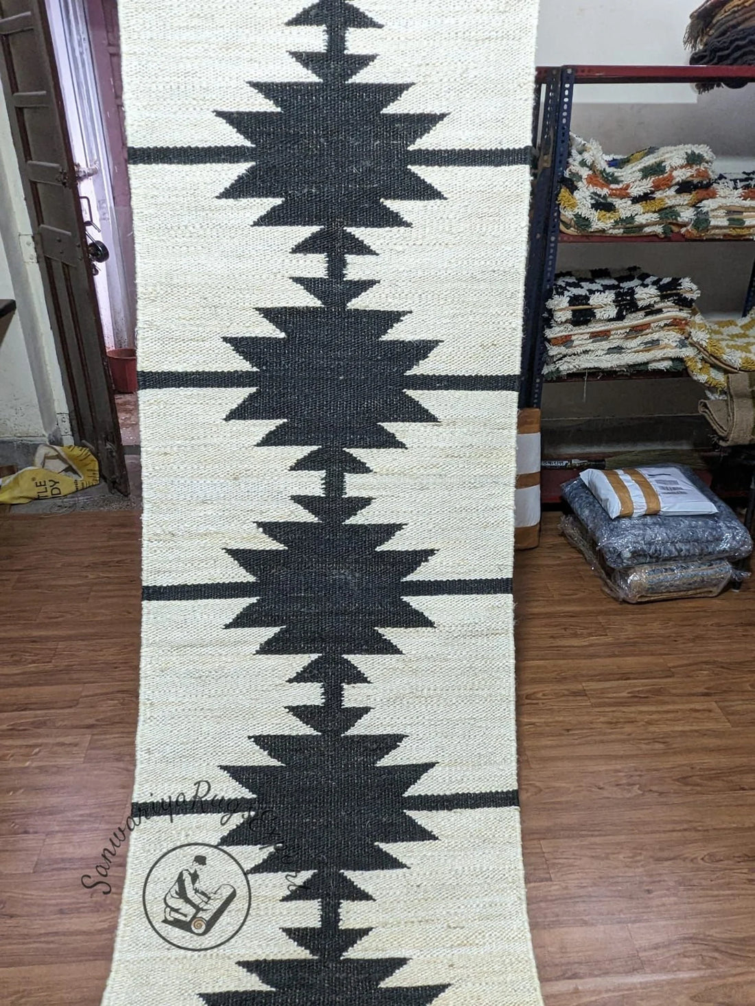 Handwoven Jute Runner Rug with Off White Line Pattern
