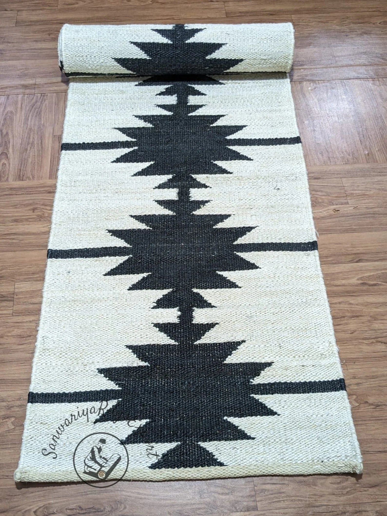Handwoven Jute Runner Rug with Off White Line Pattern