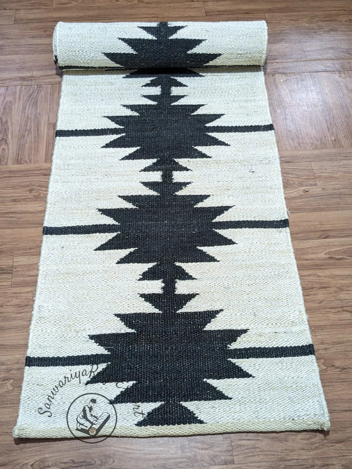 Handwoven Jute Runner Rug with Off White Line Pattern