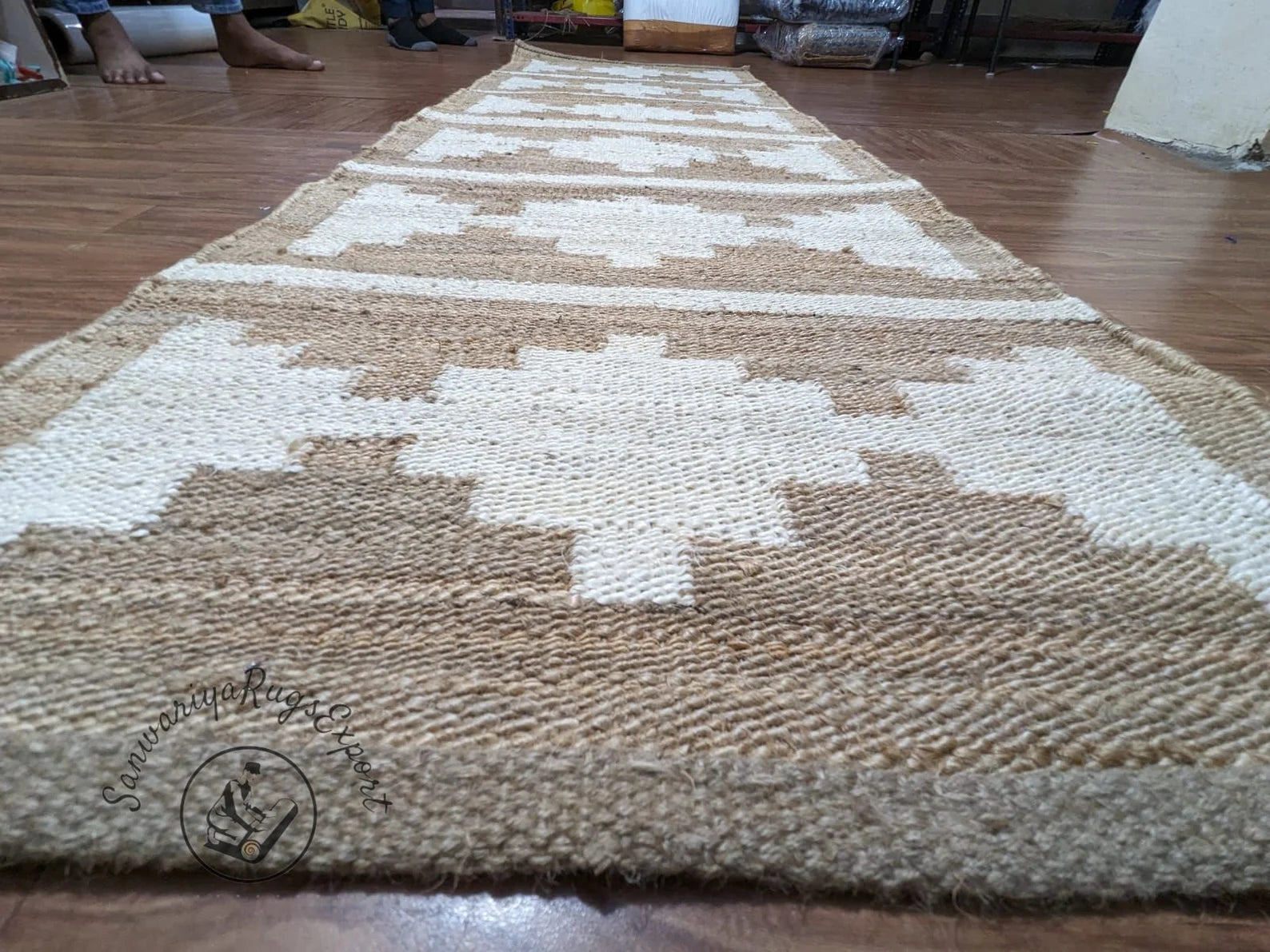 Natural Jute Aisle Runner with Off-White Box Pattern