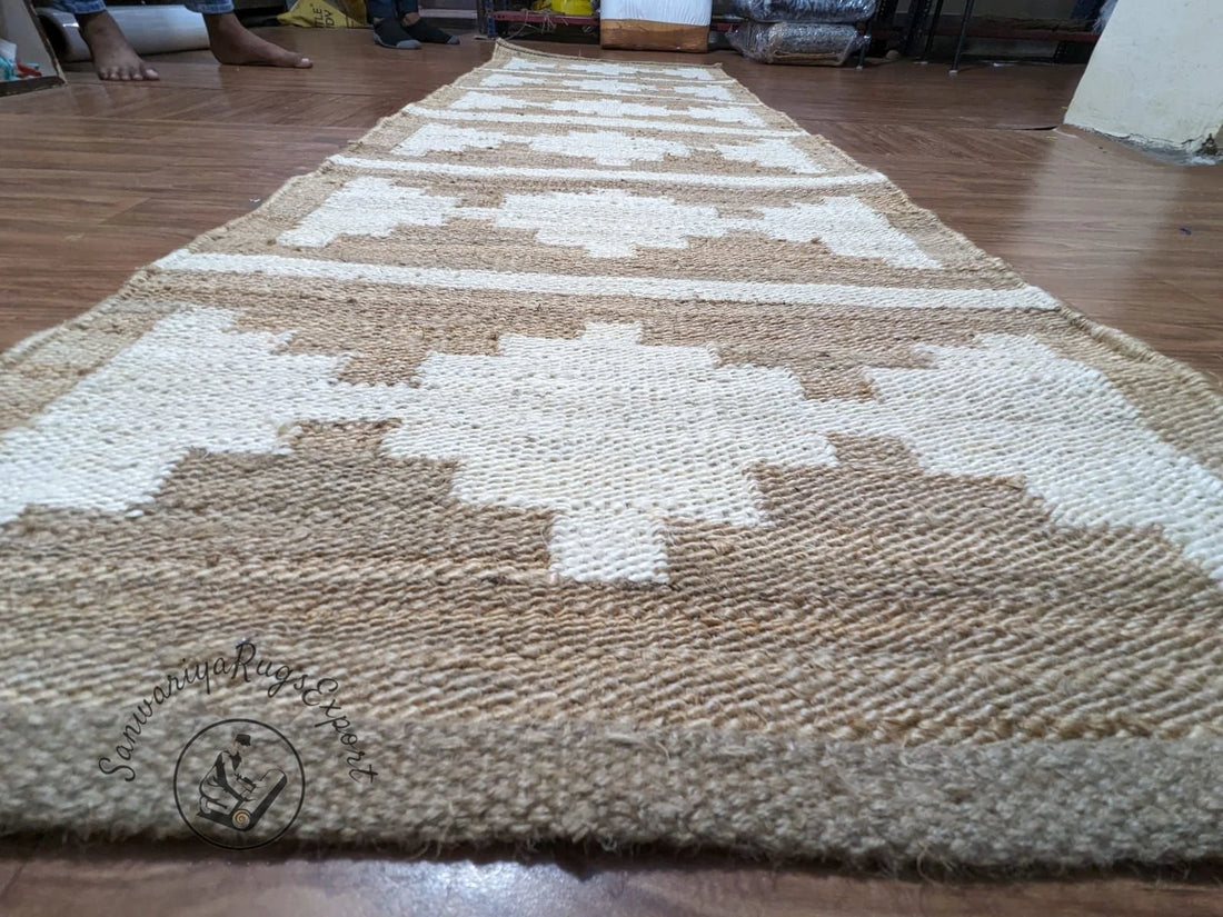 Natural Jute Aisle Runner with Off-White Box Pattern