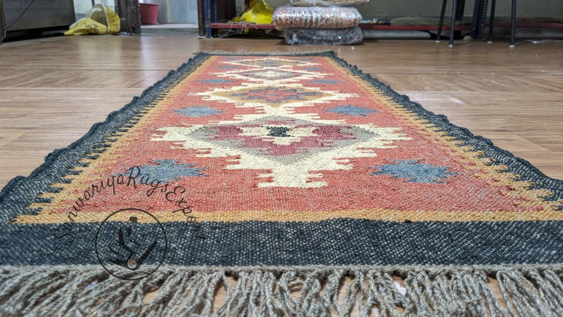 Handwoven Wool–Jute Long Kilim Runner with Traditional Geometric Weave