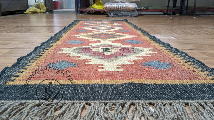 Handwoven Wool–Jute Long Kilim Runner with Traditional Geometric Weave