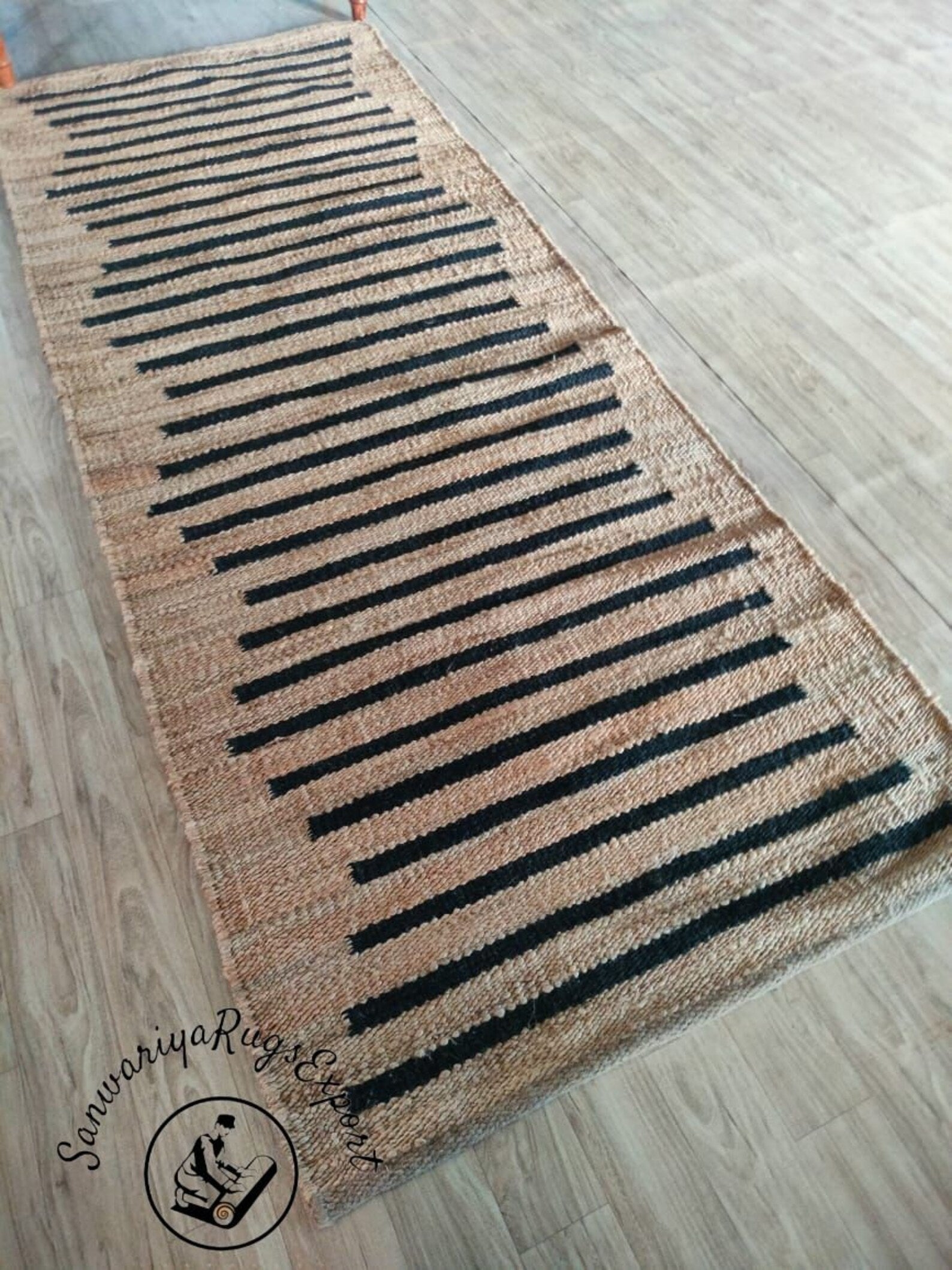 Handmade Hemp Jute Runner Rug with Natural Black Stripe Pattern