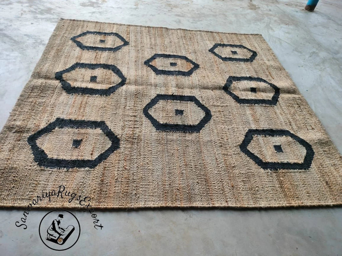 Handmade Hemp Natural & Black Jute Rug with Stripe Pattern