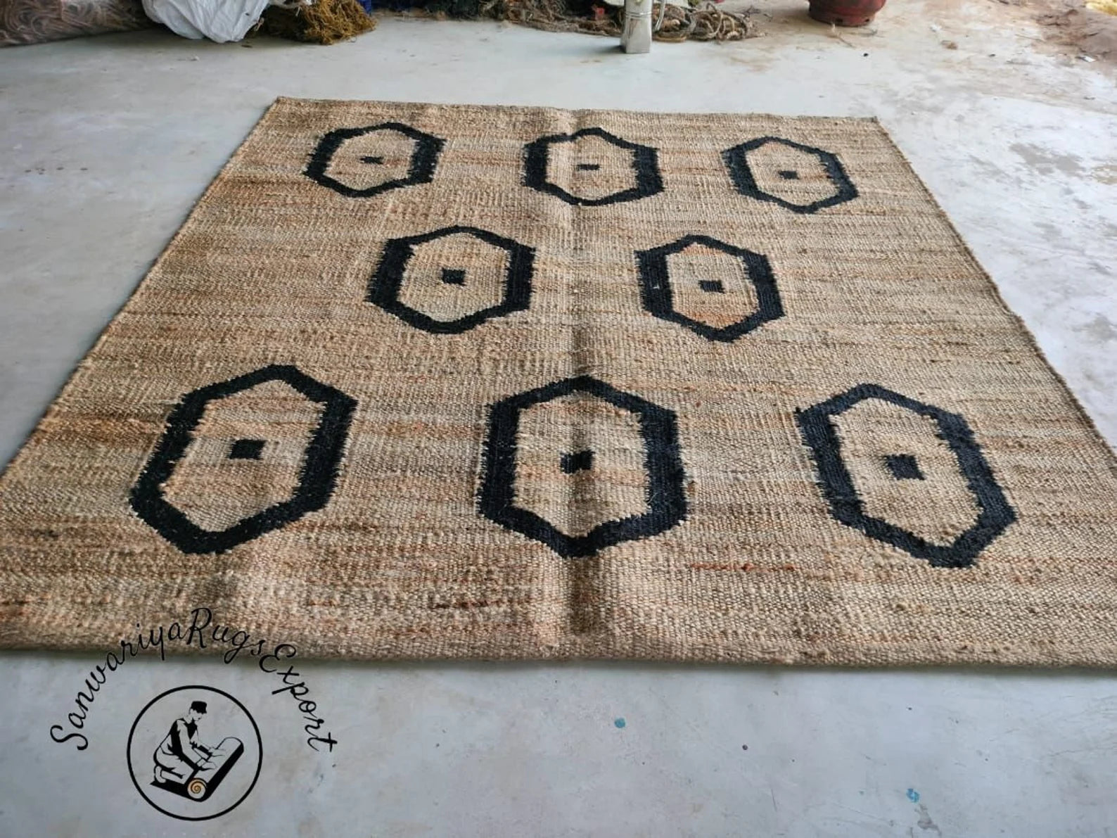 Handmade Hemp Natural & Black Jute Rug with Stripe Pattern