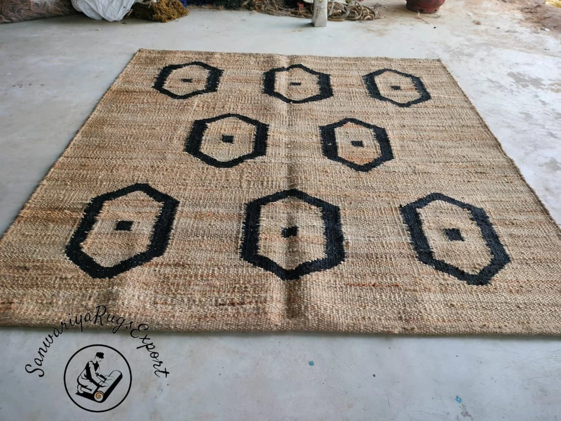 Handmade Hemp Natural & Black Jute Rug with Stripe Pattern