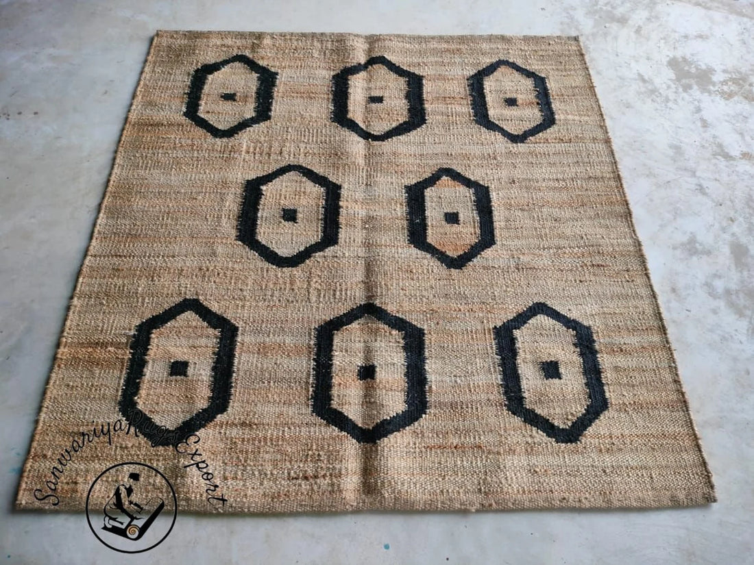 Handmade Hemp Natural & Black Jute Rug with Stripe Pattern