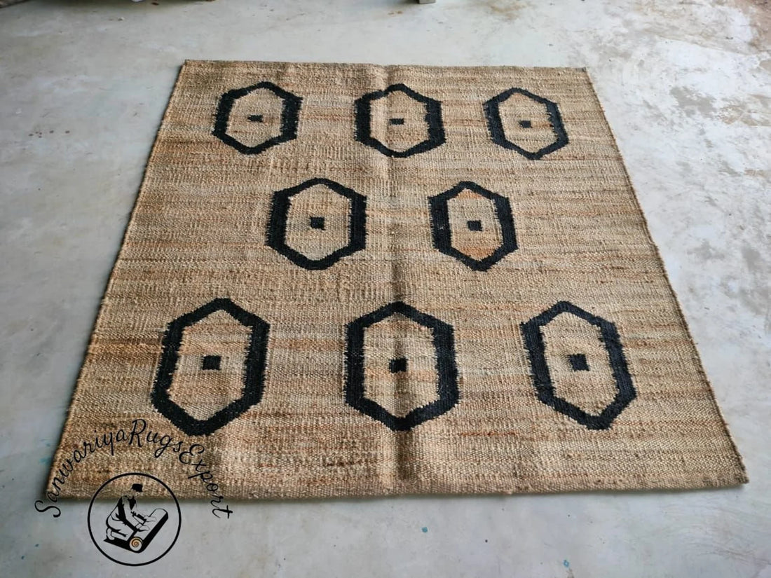 Handmade Hemp Natural & Black Jute Rug with Stripe Pattern