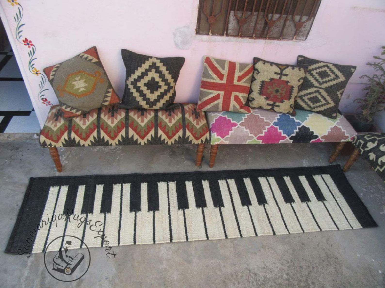 Handwoven Black & White Jute Hemp Runner Rug with Piano Pattern