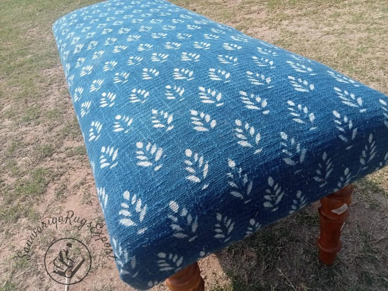 Block Printed Cotton Kilim Bench – Handmade Wooden Ottoman Seat