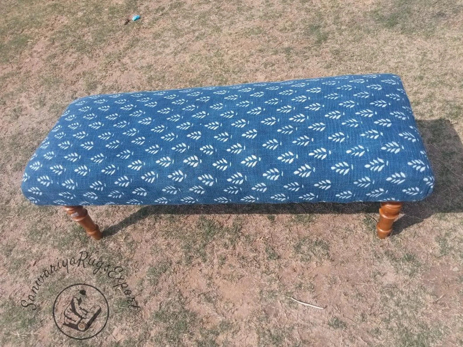 Block Printed Cotton Kilim Bench – Handmade Wooden Ottoman Seat
