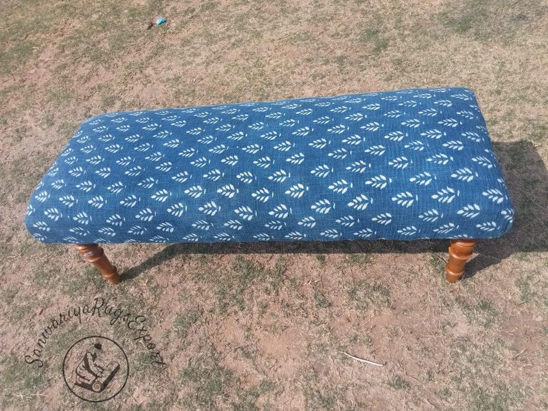 Block Printed Cotton Kilim Bench – Handmade Wooden Ottoman Seat