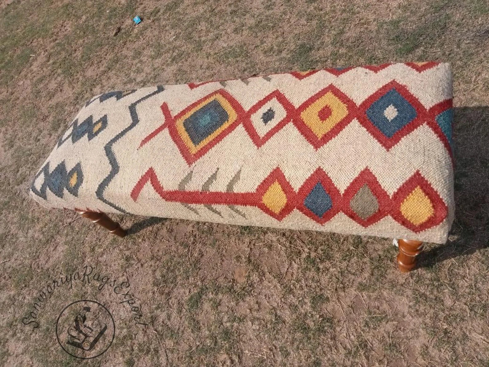 Handmade Kilim Bench – Wool Jute Rug Upholstered Entryway Seating