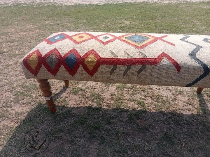 Handmade Kilim Bench – Wool Jute Rug Upholstered Entryway Seating