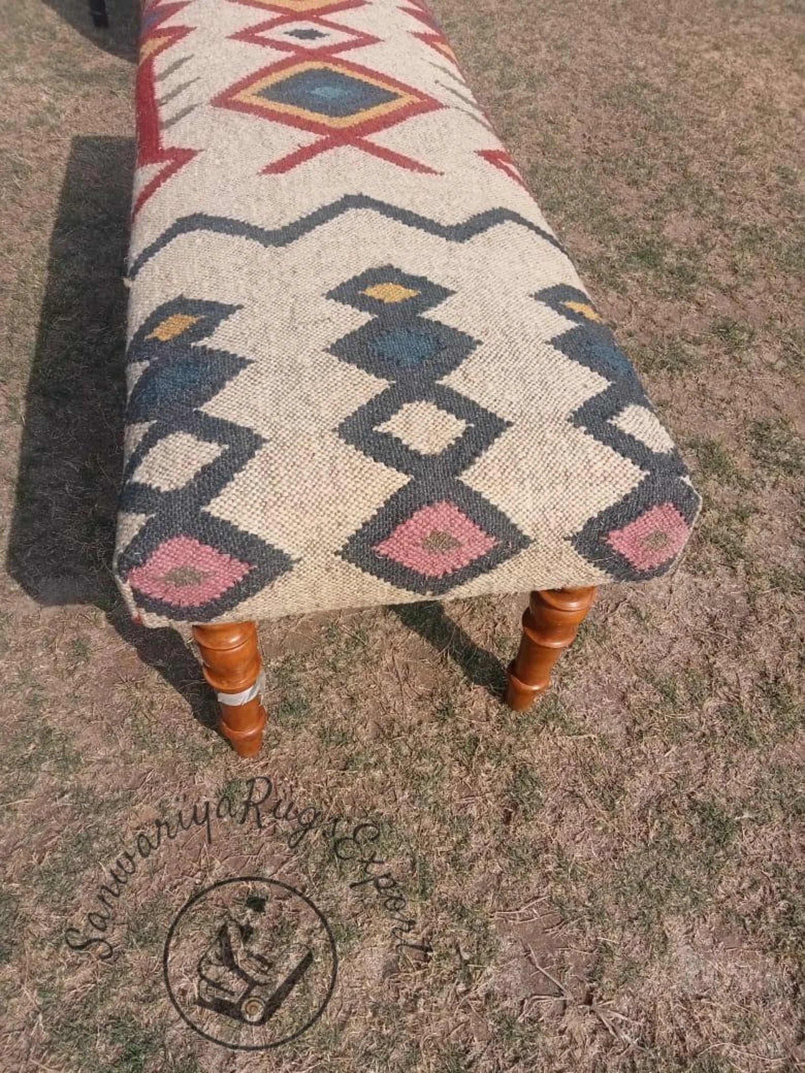 Handmade Kilim Bench – Wool Jute Rug Upholstered Entryway Seating