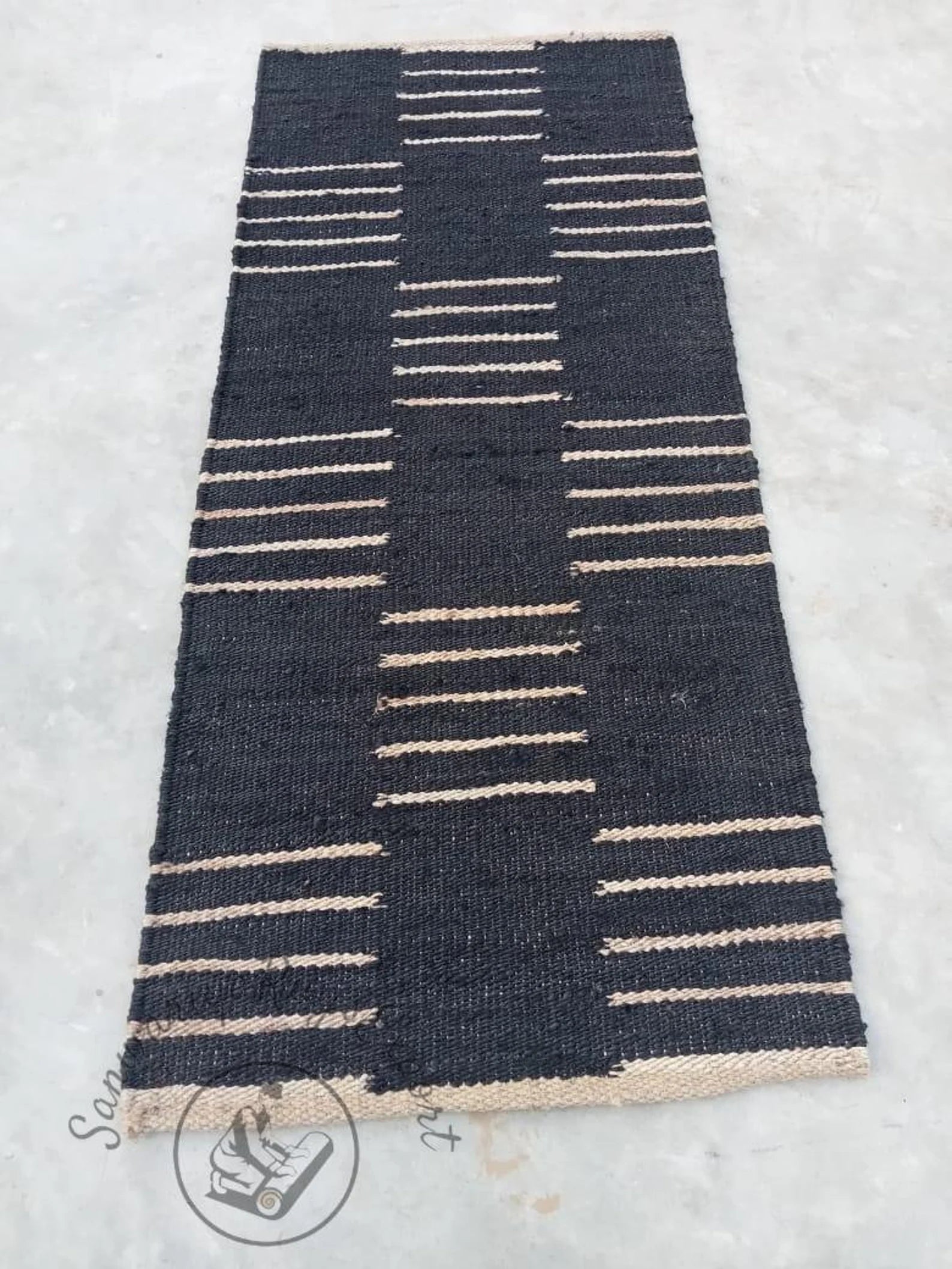 Black & White Line Jute & Hemp Rug – Handwoven Stair, Kitchen & Hallway Runner
