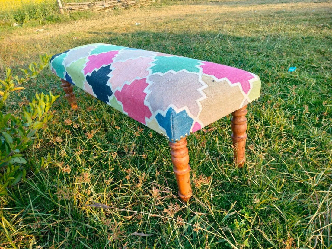 Kilim Bench Ottoman | Handcrafted Wooden Base with Traditional Kilim Upholstery