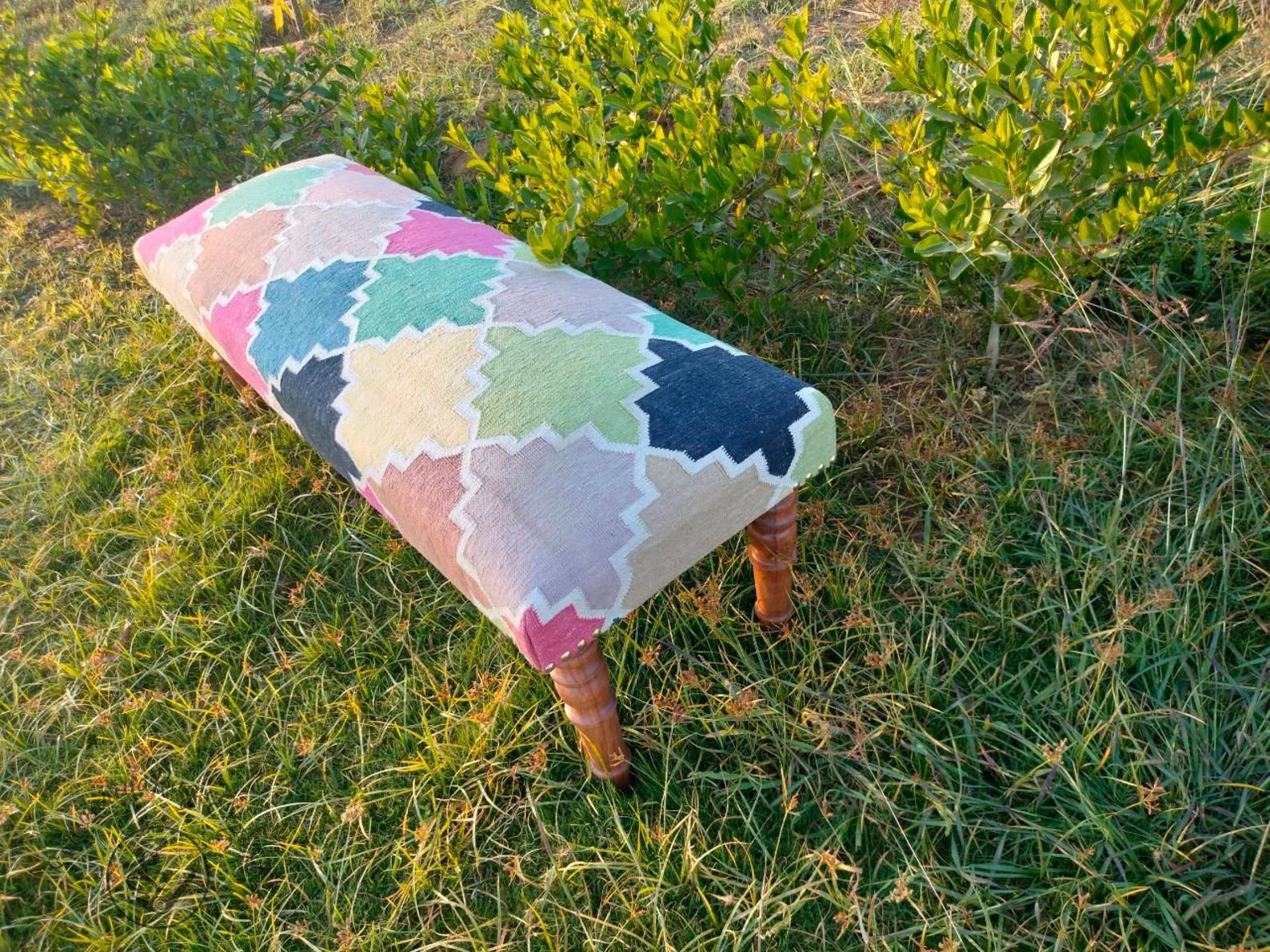 Handmade Kilim Bench – Turkish Rug Upholstered Wood Work Ottoman Seating