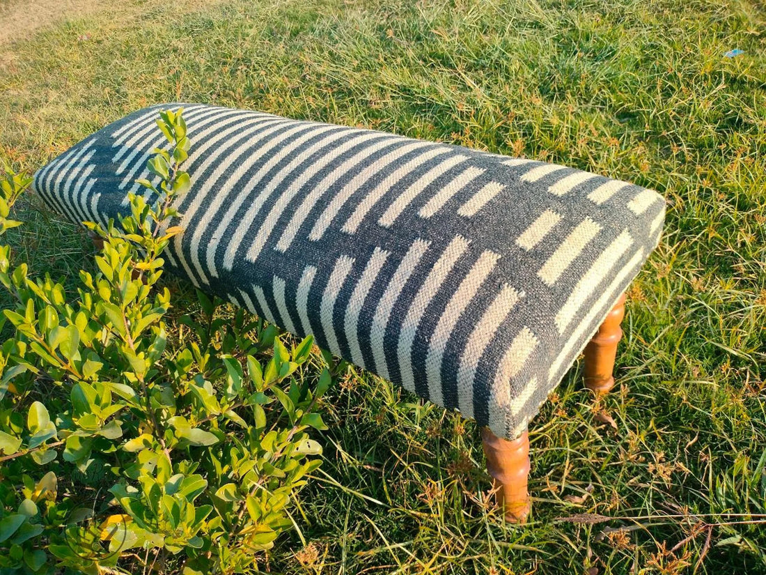 Artisan Kilim Pattern Bench  Wooden Ottoman with Vintage Woven Upholstery